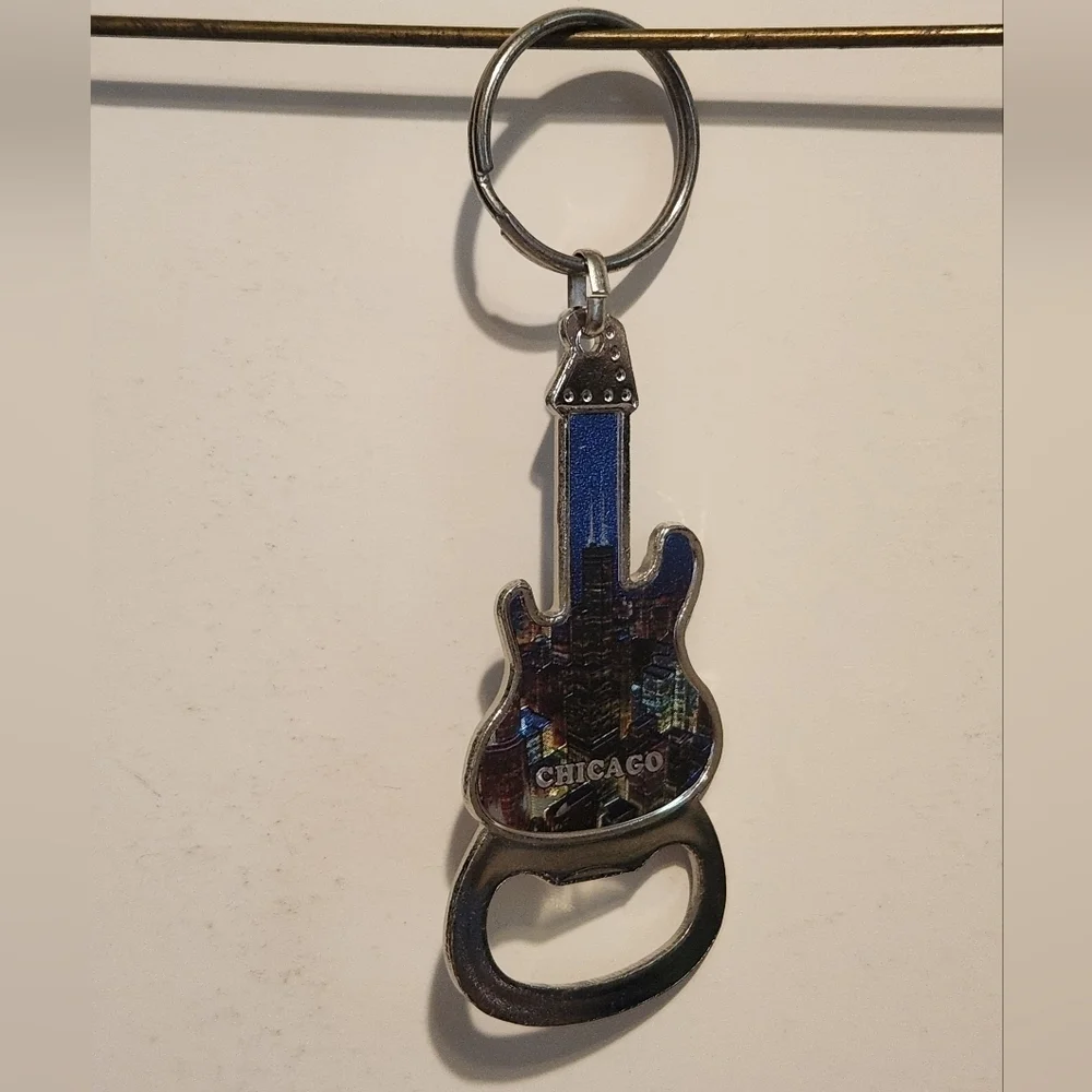 Chicago cityscape guitar shaped metal bottle opener
